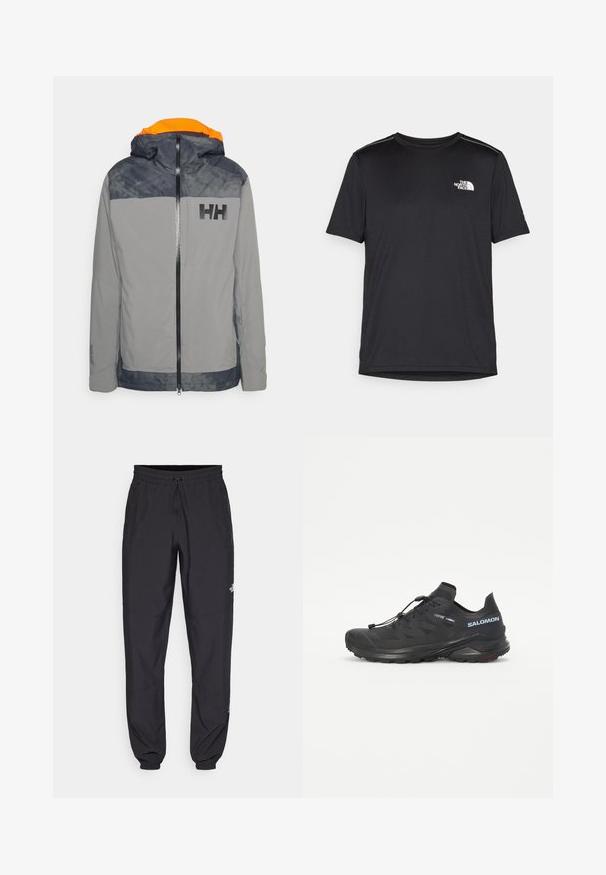 Grå vandtæt jakke med orange indvendig hætte, sort logo på brystet og kontrasterende marineblå skuldre. Har lynlåslukning og justerbare manchetter.; Sort t-shirt med korte ærmer lavet af letvægtsstof. Har et lille hvidt logo på venstre bryst og diskrete skuldrelementer.; Sorte atletiske bukser lavet af letvægtsstof, med en snor i taljen, sidelommer og tapered manchetter ved anklerne.; Sort trail løbesko med en tekstureret overdel, elastiske snørebånd og Contagrip ydersål. Har en tætsiddende pasform og beskyttende tåhætte.
