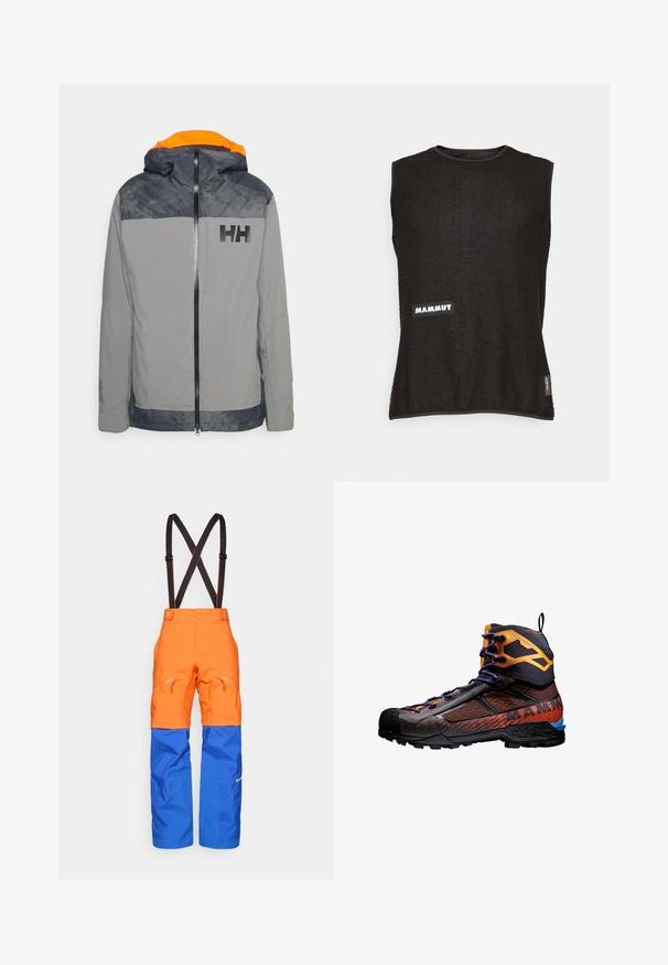 Giacca impermeabile grigia con interno cappuccio arancione, logo nero sul petto e spalle in contrasto blu navy. Presenta chiusura con zip e polsini regolabili.; Top senza maniche di colore nero realizzato in materiale texturizzato, con un logo "Mammut" bianco e una piccola etichetta rossa sul lato, scollatura rotonda.; Pantaloni impermeabili arancioni e blu con bretelle regolabili nere, tasche anteriori con zip e pannelli rinforzati sulle ginocchia per attività all'aperto.; Scarponcino da trekking nero e arancione con materiali in rete e gomma. Presenta accenti blu, motivi testurizzati e un design alto alla caviglia per supporto.