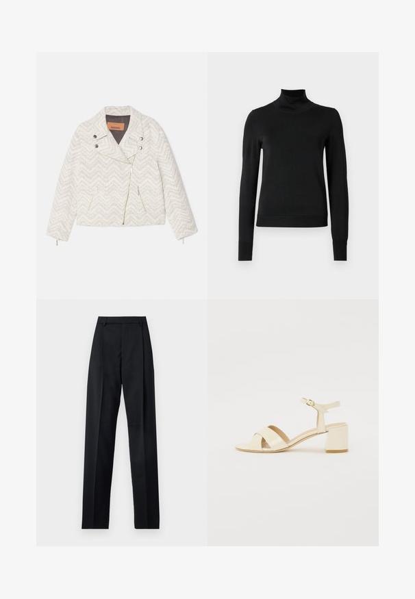 Balta chevron rašto striukė, pagaminta iš tekstūrinio audinio. Yra iškirptė su įpjovimu, priekyje užtrauktukas ir dvi užtraukiamos kišenės. Sidabro spalvos detalės.; Juoda ilgomis rankovėmis turtleneko tipo megztinis su rebruotomis rankovėmis ir apačia, eksponuojamas ant paprasto balto fono.; Juodos kelnės iš lygaus audinio, pasižyminčios aukštu liemeniu, plačiomis kojomis, priekinėmis klostėmis ir klasikiais diržo kilpomis. Šoninių kišenių nematyti.; Bežinės patentinės odos aukštakulnės šlepetės su kryžminiu dirželiu, atvira nosimi, reguliuojamu kulkšnies dirželiu ir blokuotu kulnu. Lygi tekstūra.