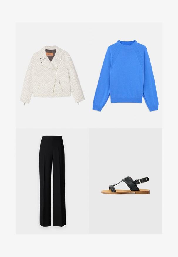 Bílé sako se vzorem chevron, vyrobené z texturované látky. Má klopený límec, přední zip a dvě kapsy na zip. Stříbrné kovové doplňky.; Modrý pletený svetr s vysokým límcem, raglánovými rukávy a žebrovanými manžetami. Hladký povrch a rovnoměrná barva, bez viditelných vzorů nebo akcentů.; Černé kalhoty s širokým střihem a hladkým povrchem, s vysokým pasem a středovými skladbami. Žádné viditelné vzory ani kovové detaily.; Černá kožená sandálka s nastavitelností přezky, plochou hnědou podešví a dvěma širokými pásky křížícími se přes nohu, minimalistický design.