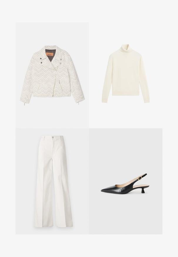 Hvid jakke med chevron-mønster lavet af tekstureret stof. Har en krave med slids, frontlynlås og to lynlåslommer. Sølv hardware-detaljer.; Cremefarvet rullekrave sweater, blød strikket tekstur, slim-fit design, lange ærmer og ribbet krave og kant.; Hvide vidde bukser lavet af bomuld med en glat tekstur. Har en frontknap, lynlås, og fire-lomme design.; Sorte læder slingback kitten heel sko med spids tå og guld spænde på side stropp, på hvid baggrund.