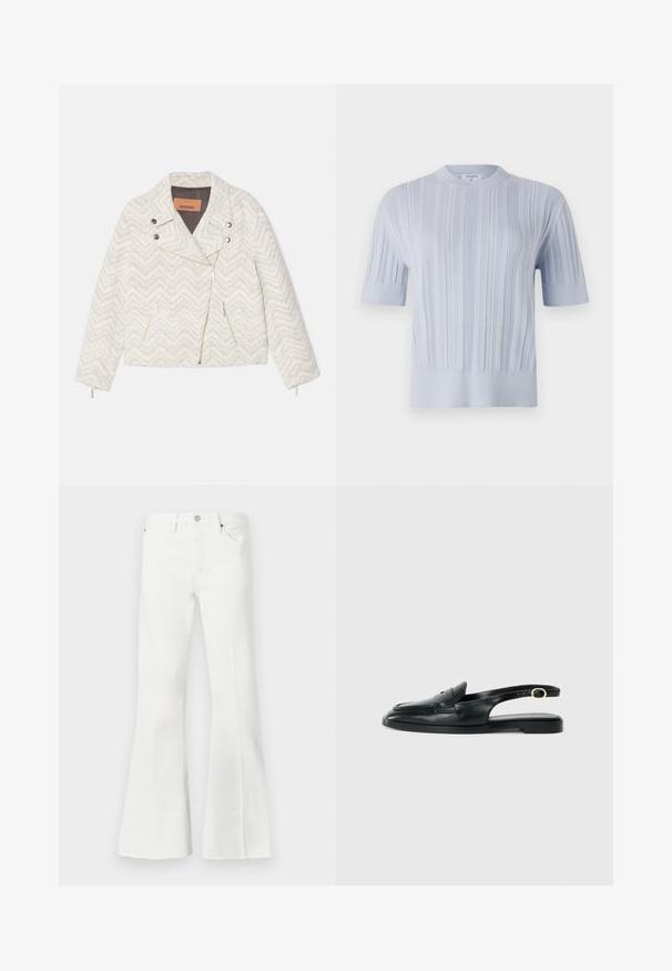 Bílé sako se vzorem chevron, vyrobené z texturované látky. Má klopený límec, přední zip a dvě kapsy na zip. Stříbrné kovové doplňky.; Světle modrý pletený top s krátkým rukávem, který má vertikální žebrovanou texturu a kulatý výstřih. Tkanina vykazuje jemné detaily s přiléhavým lemem.; Bílé džínové kalhoty s rozšířenými nohavicemi a vysokým pasem, s knoflíkovým zapínáním, dvěma předními kapsami a netříděným lemem na spodní části.; Černá kožená slingback obuv s kulatou špičkou, plochou podrážkou, bočním výřezem a páskem s kovovým detailem ve zlaté barvě.