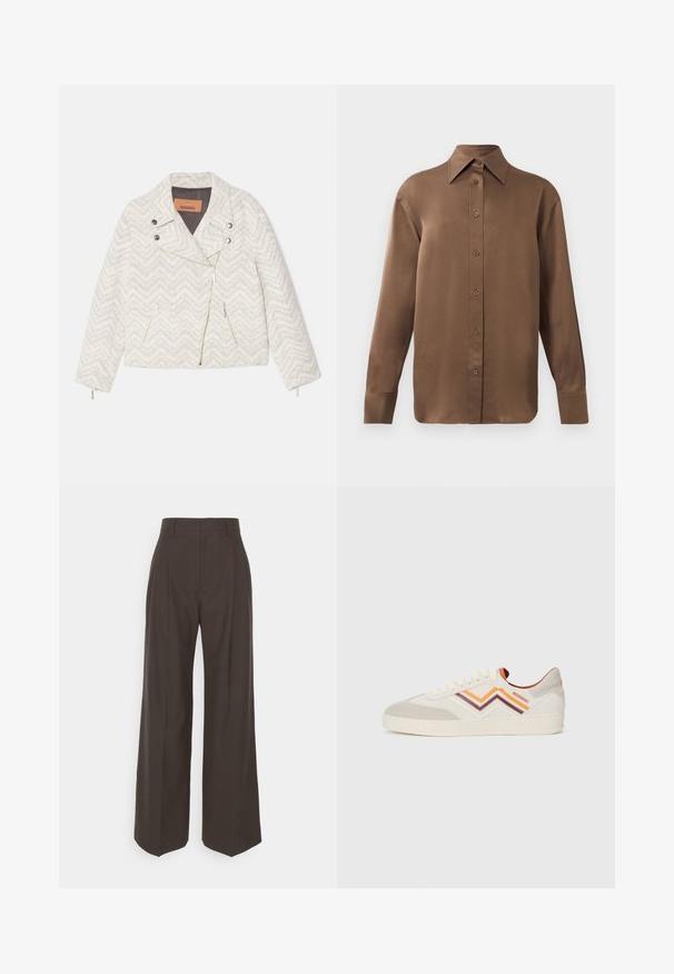 Hvid jakke med chevron-mønster lavet af tekstureret stof. Har en krave med slids, frontlynlås og to lynlåslommer. Sølv hardware-detaljer.; Brun langærmet skjorte med knapper, spids krave og manchetter, vist mod en simpel hvid baggrund.; Mørkebrune brede bukser med høj talje, der har pænt pressede folder, glat overflade og en skræddersyet pasform.; Sko med en cremefarvet overdel og suede-detaljer, zigzag flerfarvede striber i orange, bordeaux og gul samt en tyk hvid sål.
