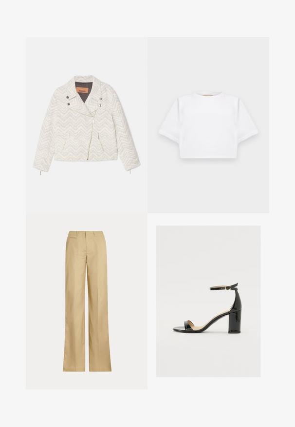 Balts žakets ar chevronu rakstu, izgatavots no teksturēta auduma. Tam ir izgriezts apkakle, priekšējais rāvējslēdzis un divas kabatas ar rāvējslēdzējiem. Sudraba detaļas.; Izgriezta balta T-krekla no mīksta auduma, ar īsām piedurknēm, apaļu apkakli un ribota apakšmala. Vienkāršs un neizpušķots dizains.; Bēši platā kājām bikses, izgatavotas no gludas kokvilnas, ar klasisku vidukli un aizmugures kabatu, taisnu piegriezumu un minimālu noformējumu.; Melnas patentā ādas sandales ar platām papēžiem, atvērtu purngalu un potītes siksniņu ar zelta sprādzi. Gluda tekstūra un elegants dizains.