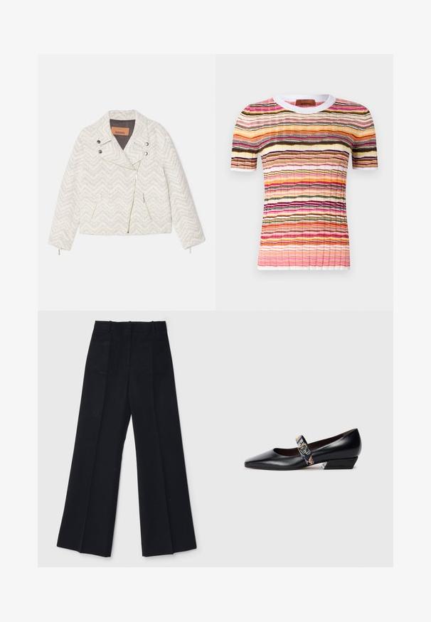 Balts žakets ar chevronu rakstu, izgatavots no teksturēta auduma. Tam ir izgriezts apkakle, priekšējais rāvējslēdzis un divas kabatas ar rāvējslēdzējiem. Sudraba detaļas.; Daudzkrāsains īsām piedurknēm adīts tops ar viļņotām svītrām rozā, oranžā, melnā un dzeltenā krāsā. Iezīmēts ar baltu ribotu apkakli.; Melnas platas kājas bikses no gludas auduma, kurām ir augsta josta, divas aizmugures kabatas un smalkas priekšējās krokas, lai piešķirtu formu.; Melni ādas augstpapēžu apavi ar smailu purngalu, ar daudzkrāsainu siksniņu un zelta toņa aksesuāriem. Zems, leņķisks bloka papēdis.