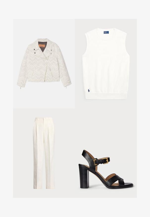 Bílé sako se vzorem chevron, vyrobené z texturované látky. Má klopený límec, přední zip a dvě kapsy na zip. Stříbrné kovové doplňky.; Bílé bezrukávové svetr vyrobený z hladké bavlny, s ribbovaným lemem a malým námořnickým logem ve spodním levém rohu. Jednoduchý design, bez vzorů.; Polo Ralph Lauren HEMP WIDE LEG PANT - Kalhoty - nevis; Černé kožené sandály na podpatku s designem křížového pásku a uzavíráním na sponu. Vyznačují se silným podpatkem a hladkou texturou.