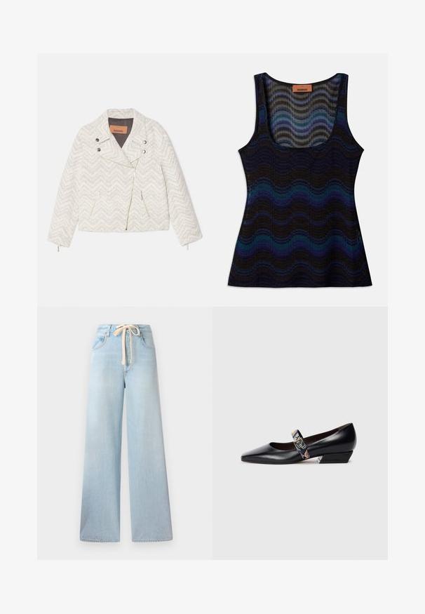 Hvid jakke med chevron-mønster lavet af tekstureret stof. Har en krave med slids, frontlynlås og to lynlåslommer. Sølv hardware-detaljer.; Ermeløs top med et bølget mønster i nuancer af blå, sort og grå. Lavet af letvægtsmateriale, med en scoop-halsudskæring og ribbet tekstur.; Lyseblå vidde jeans lavet af denim, med snøre i taljen og klassisk fem-lomme design med minimal falming.; Sorte læder højhælede sko med spids tå, der har en multicolor-rem og hardware i guldtoner. Lav, vinklet blokhæl.