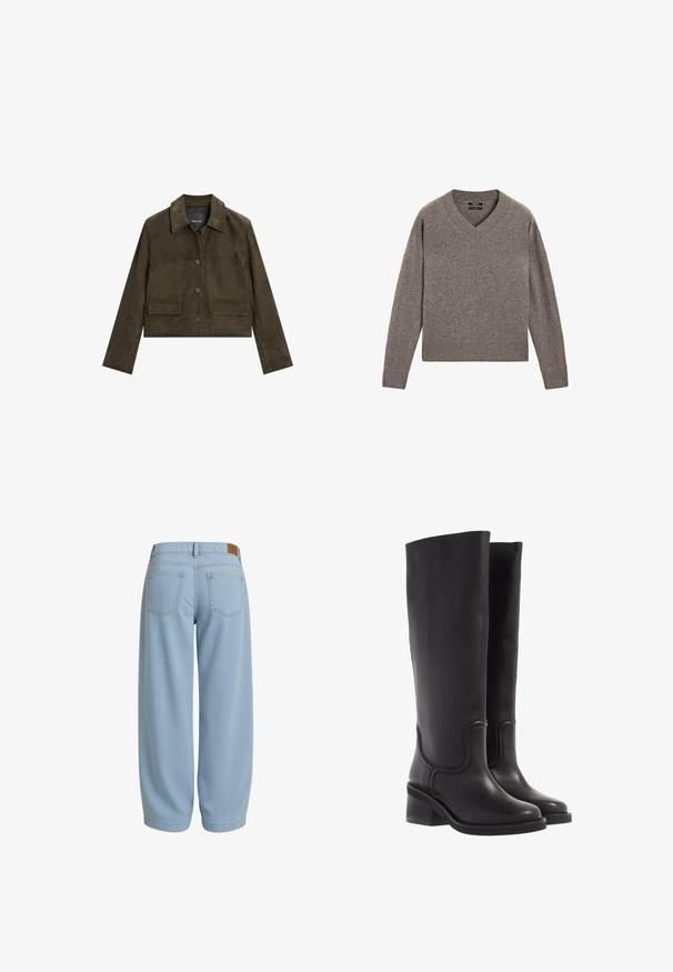 Przycięta oliwkowozielona skórzana kurtka z kołnierzem, zapięcie na guziki z przodu oraz dwiema przednimi kieszeniami. Gładka tekstura i dopasowany krój.; Szary, dziany sweter z dekoltem w serek i długim rękawem, z prążkowanymi mankietami i dołem, wyłożony na białym tle.; Szara bawełniana koszulka z krótkim rękawem i okrągłym dekoltem. Gładka faktura, klasyczny krój, brak widocznych wzorów lub zdobień.; Jasnoniebieskie dżinsy o luźnym kroju, z dwiema tylnymi kieszeniami, paskiem z brązową skórzaną łatą i zwężanymi nogawkami.; Czarne skórzane kozaki do kolan o gładkiej fakturze, zaokrąglonym nosku i masywnym obcasie. Posiadają subtelne przeszycia i elegancki kształt.