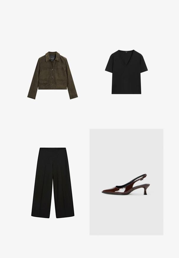 Cropped olive green leather jacket with a collar, front button closure, and two front pockets. Smooth texture and tailored fit.; Black short-sleeve V-neck T-shirt with a simple, fitted design on a white background.; Black wide-leg trousers made of soft fabric, featuring a high waist and pleats, with a smooth texture and no visible embellishments.; Brown patent leather slingback shoe with a pointed toe and a moderate heel. Features a buckle strap for secure fit. Smooth texture.