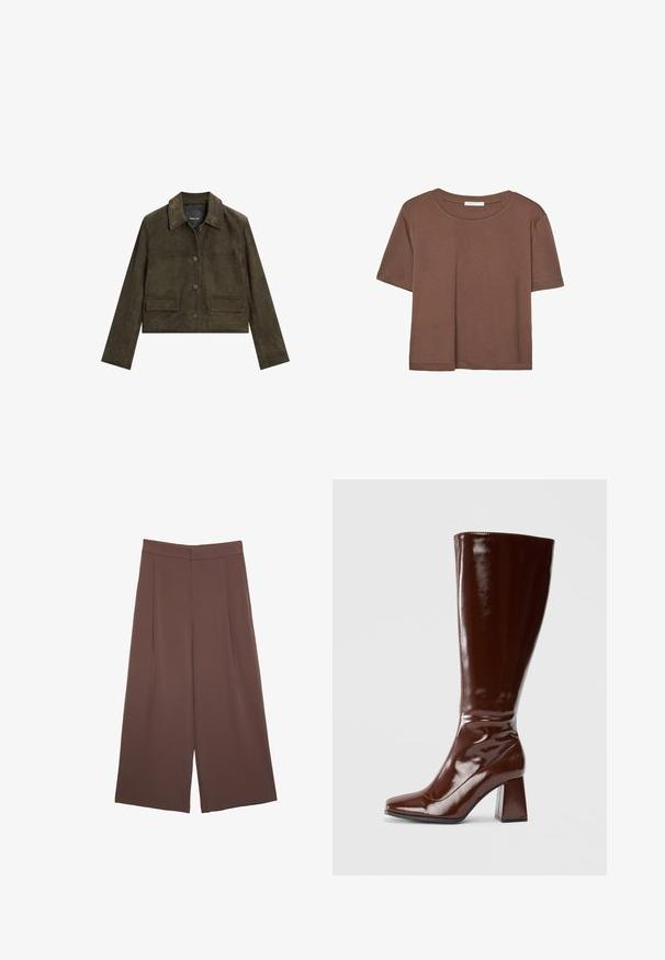 Krátká olivově zelená kožená bunda s límcem, předním zapínáním na knoflíky a dvěma předními kapsami. Hladká textura a přiléhavý střih.; Hnědé tričko s krátkým rukávem vyrobené z měkké látky, s kulatým výstřihem a volným střihem. Bez viditelných vzorů nebo dekorací.; Hnědé široké kalhoty s hladkou texturou, vysokým pasem a předními záhyby. Materiál je lehký a volně splývá.; Hnědé lakované kozačky do výšky kotníků se čtveratou špičkou, lesklým povrchem a robustním podpatkem pro větší stabilitu. Bezšvový design bez viditelného kování.
