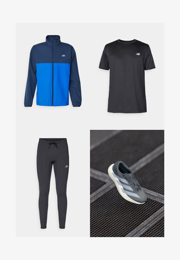 Námořnická a modrá zipová bunda s vysokým límcem, dlouhými rukávy a logem "NB" na hrudi. Vyrobena z lehkého, hladkého materiálu.; New Balance Sportovní tričko - black; Černé sportovní legíny vyrobené z elastického materiálu. Disponují elastickým pasem se šňůrkou a malým reflexním logem na pravém stehně.; Sportovní obuv v šedé a bílé barvě, vyrobená z syntetického materiálu, s aerodynamickým designem, texturovaným povrchem a výrazným systémem šněrování.