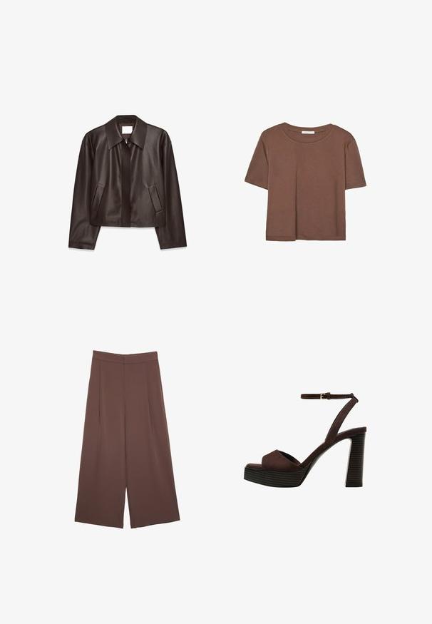 Ciemnobrązowa skórzana kurtka z przednim zamkiem, szerokim kołnierzem, długimi rękawami i dwiema ukośnymi kieszeniami, wyeksponowana na białym tle.; Brązowa koszulka z krótkim rękawem, wykonana z miękkiego materiału, z okrągłym dekoltem i luźnym krojem. Brak widocznych wzorów lub akcentów.; Brązowe spodnie o szerokich nogawkach z gładką fakturą, z wysokim stanem i plisami z przodu. Materiał jest lekki i luźno opada.; Brązowe zamszowe sandały na wysokim obcasie z odkrytymi palcami, regulowanym paskiem na kostce i paskowatą podeszwą.