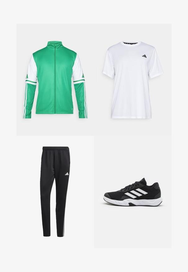 Πράσινο φούτερ με φερμουάρ από λείο ύφασμα, με λευκά μανίκια που έχουν τρεις πράσινες ρίγες και ψηφιαίο γιακά.; Λευκό αθλητικό μπλουζάκι με κοντά μανίκια, κατασκευασμένο από ύφασμα που απορροφά την υγρασία. Διαθέτει μαύρο λογότυπο στην αριστερή πλευρά του στήθους και μοτίβο στη εσωτερική γραμμή του λαιμού.; Μαύρο αθλητικό παντελόνι με ελαστική μέση, λευκές πλαϊνές ρίγες και ένα μικρό λευκό λογότυπο στο μηρό. Φτιαγμένο από απαλή, ελαφριά ύφανση.; Μαύρα αθλητικά παπούτσια με υφασμάτινη άνω επιφάνεια κώνου, λευκές διακοσμητικές ρίγες, μαξιλαρωτή σόλα και ενισχυμένη φτέρνα για στήριξη.