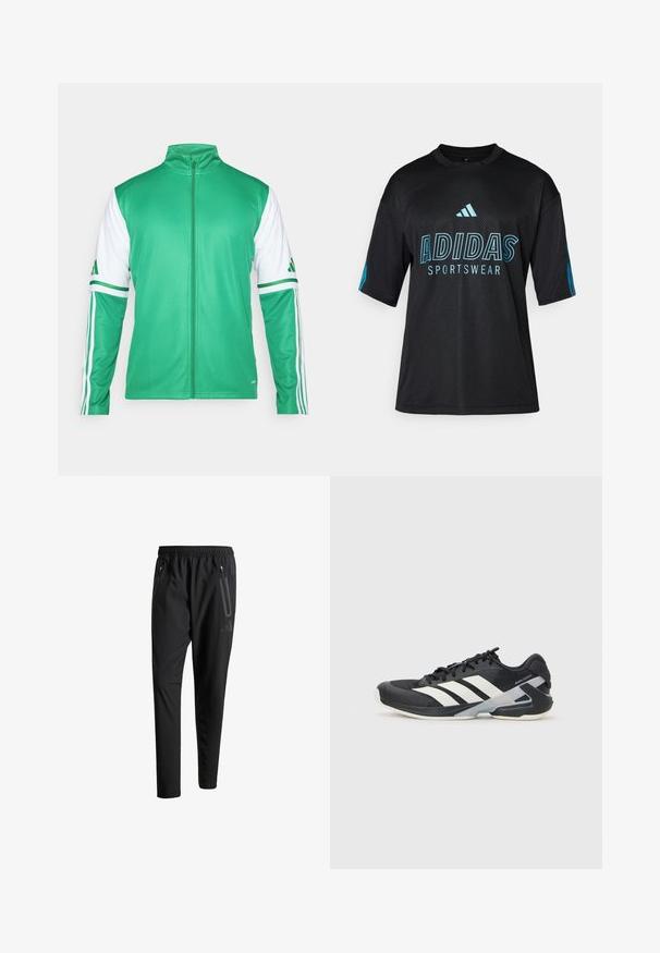 Chaqueta verde con cierres de cremallera, hecha de una tela suave, con mangas blancas que tienen tres franjas verdes y un cuello alzado.; Camiseta deportiva negra de Adidas con textura de malla, mangas cortas, cuello redondo y detalles en azul en el logo y el texto en el frontal y las mangas.; Pantalones deportivos negros con una cintura elástica, dos bolsillos laterales con cremallera, piernas ajustadas y un discreto detalle de logo en la cadera.; Zapatilla deportiva negra con franjas blancas, parte superior de malla, punta redondeada y suela acolchada. Presenta un talón texturizado y un sistema de cordones seguro.