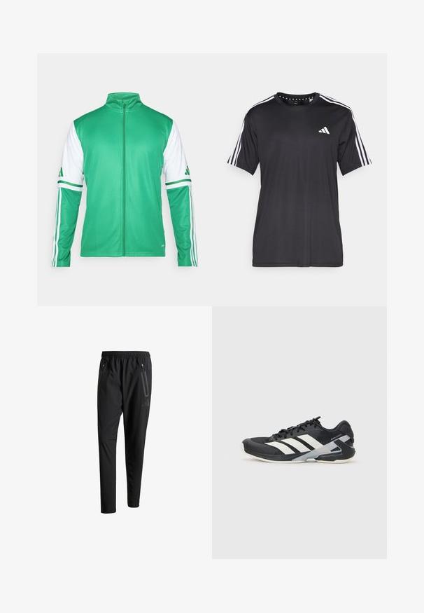 Žalia zip-up striukė, pagaminta iš lygaus audinio, turinti baltas rankoves su trimis žaliais dryžiais ir stovinčią apykaklę.; Juodas trumpas rankovėmis marškinėliai su balta trijų juostų dizainu ant pečių ir logotipu ant krūtinės. Pagaminta iš kvėpuojančios medžiagos, lygaus pynimo.; Juodi sportiniai šortai su elastiniu juosmeniu, dviem užtrauktukais šoniniais kišenėmis, siaurėjančiomis kojomis ir subtiliu logotipo detaliu ant klubo.; Juoda sportinė avalynė su baltais dryžiais, tinklinis viršus, apvalus pirštas ir paminkštinta padais. Yra tekstūruota kulno dalis ir saugi raištelių sistema.