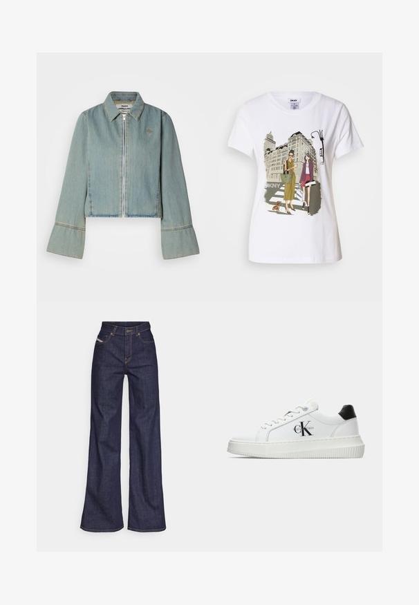 Zkrácená džínová bunda ve světle modré barvě s předním zipem, špičatým límcem a zvonovými rukávy. Obsahuje jemné švy a vyšívané logo.; Bílý bavlněný tričko s potiskem, který zobrazuje dvě ženy v městských módních stylech se psem na přechodu a městskými budovami.; Tmavě modré džíny s širokým střihem vyrobené z denimové tkaniny, s vysokým pasem, oranžovým prošíváním, pěti kapsami a zapínáním na knoflík.; Bílé nízké tenisky s černým patním tabem, platformovou podrážkou, tkaničkami a logem Calvin Klein "CK" na boku.