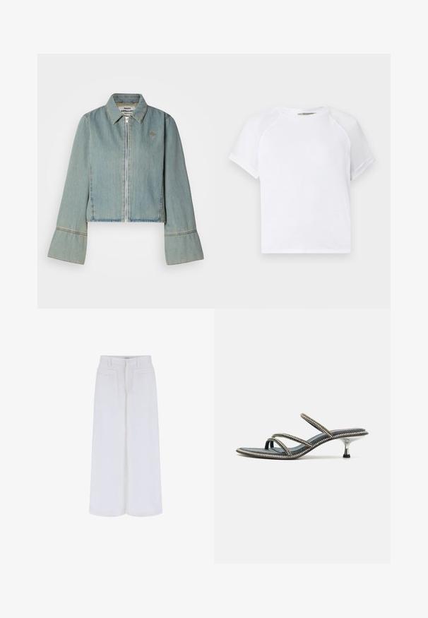 Skrajšani jeans jakna v svetlo modri barvi z zadrgo spredaj, koničastim ovratnikom in zvonastimi rokavi. Ima subtilne šive in vezeno logotip.; Bela bombažna majica s krojem okoli vratu, kratkimi raglan rokavi in sproščenim krojem. Gladka tekstura brez vidnih vzorcev ali detajlov.; Bele hlače širokih nogavic z gladko teksturo, opremljene z dvema sprednjima žepoma in zapiranjem na gumb, zasnovane za sproščen fit.; Jeans sandala s tremi tankimi trakovi okrašenimi s kristali, s koničastim prstom in kovinskim peto v stiletto stilu. Nonslip dno.