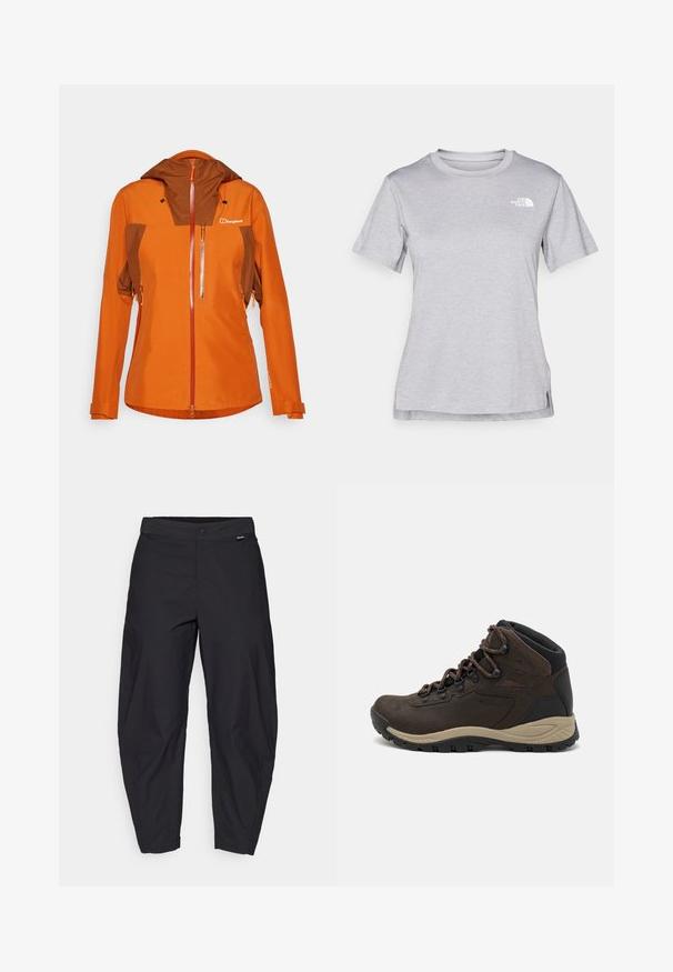 Oranžinė vandeniui atspari striukė su rudomis detalėmis, aukšta apykakle ir reguliuojamais rankogaliais. Prietaisas turi priekinę užtrauktuko kišenę ir logotipą.; Pilkas trumpomis rankovėmis marškinėliai, pagaminti iš minkštos, drėgmę sugeriančios medžiagos. Turi apvalią iškirptę ir mažą baltą logotipą viršutiniame kairiajame kampe.; Juodos, laisvai krentančios kelnės su mygtuko uždarymu ir šoninėmis kišenėmis, pateiktos prieš baltą foną.; Rudos žygių batai, pagaminti iš zomšos ir tinklo, su paminkštintu apvadu, raišteliais ir guminiais padu su sukibimo raštais.