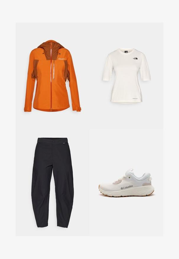 Orange waterproof jacket with a brown accent, high collar, and adjustable cuffs. Features a front zip pocket and logo.; The North Face SHADOW SHORT SLEEVE  - Sports T-shirt - white dune; Black, loose-fitting pants with a button closure and side pockets, displayed against a white background.; Lightweight Columbia athletic shoe in white mesh with a textured gray sole and rubber traction. Features a padded collar and lace-up design.