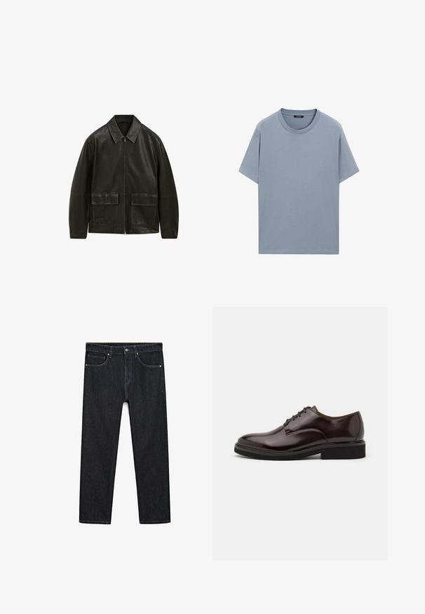 Black leather jacket with a zip closure, point collar, and two front pockets. Features contrasting stitching and a smooth texture.; Light blue cotton t-shirt with a round neckline, short sleeves, and a relaxed fit; smooth texture with no visible patterns or accents.; Dark blue denim jeans with a straight leg cut, featuring copper stitching, five pockets, and a metal button closure at the waistband.; Brown leather Oxford shoe with a glossy finish, round toe, lace-up design, and a thick black rubber sole. Seam detail on the upper.