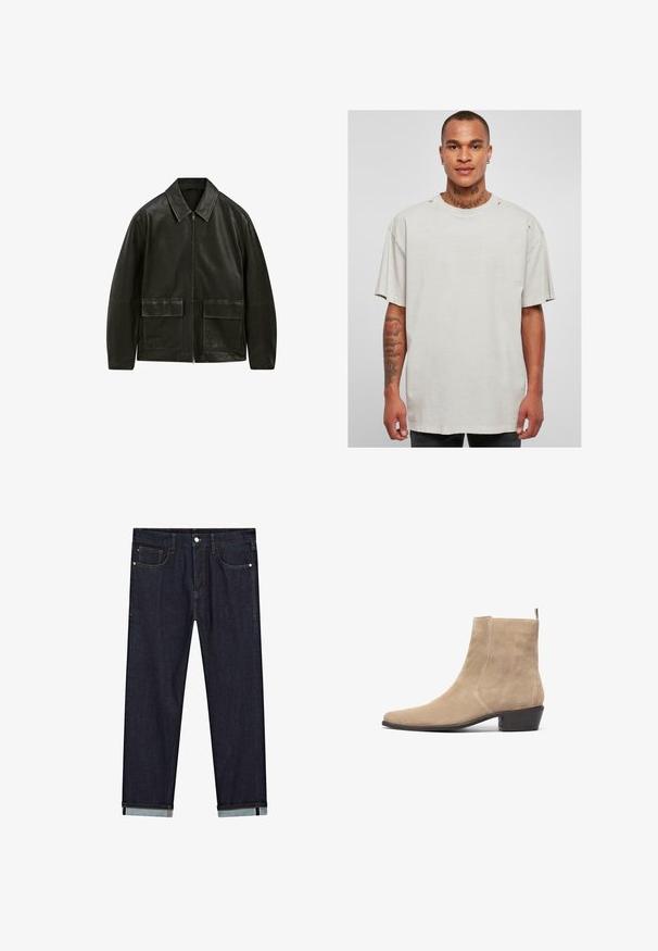 Zwarte leren jas met een ritssluiting, puntkraag en twee voorsloten. Bevat contrasterende stiksels en een gladde textuur.; Lichtgrijs oversized T-shirt met een ronde hals en raw edges. Heeft een versleten uitstraling op de schouders en korte mouwen.; The Kooples CHEMISE - Overhemd - olive night; Donkerblauwe denim jeans met een rechte pasvorm, voorzien van vijf zakken, een knoopsluiting en opgerolde manchetten die een contrasterende lichtere stof tonen.; Beige suede enkellaars met een spitse neus, minimalistisch ontwerp en een lage gestapelde hak. Voorzien van een lus aan de achterkant voor gemakkelijk aan- en uittrekken.