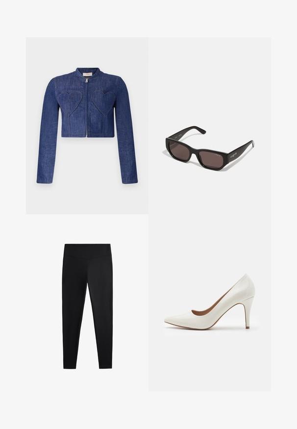 Jeansjacka med kort längd i mörkblått med långa ärmar, dragkedjestängning och hjärtformade lappar på framsidan. Har synlig sömnad.; Svart polotröja i mjukt stickat tyg. Har långa ärmar och en åtsittande design med en rak fåll.; Svarta leggings av ett slätt, stretchigt tyg. Har en bred midja och design med avsmalnande ben, lämpliga för aktiv eller avslappnad användning.; Vita lackläder högklackad sko med spetsig tå och en slät yta, med en smal klack och låg skärning runt öppningen.; Svarta rektangulära solglasögon med mörka linser. Har en slät plastbåge och logobrand på skalmen. Ren, modern design.; Svart strukturerad läderhandväska med guldfärgade detaljer, dubbla handtag och avtagbar axelrem med präglat varumärke.