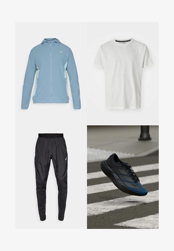 Jacket ușor albastru cu fermoar și glugă, având panouri laterale ușor albastre, manșete elastice și un logo pe piept. Textura materialului este netedă.; ASICS GAME - Tricou basic - cream; Pantaloni atletici negri cu un elastic extensibil în talie, buzunare laterale și panouri cu textură contrastantă pe picioare. Logo Asics pe șold.; Pantof sportiv negru și albastru cu un design aerodinamic, având o parte superioară texturată, dungi contrastante și o talpă amortizată, plutind deasupra asfaltului.