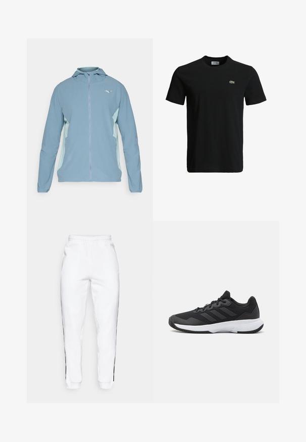 Chaqueta azul clara con cremallera y capucha, con paneles laterales en azul claro, puños elásticos y un logo en el pecho. Textura del material suave.; Camiseta de algodón negra con cuello redondo, mangas cortas y un pequeño logo de cocodrilo verde en el lado izquierdo del pecho. Textura suave, diseño casual.; Pantalones de chándal blancos con cintura elástica, que cuentan con franjas laterales negras y puños. Hechos de un tejido suave con una textura lisa.; Zapatilla deportiva negra con una parte superior texturizada, tres franjas horizontales y una suela blanca con un dibujo en su superficie. Diseño ligero y aerodinámico.