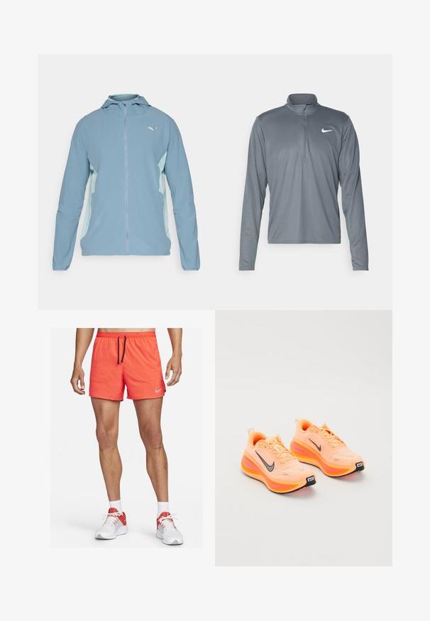 Lys blå zip-up jakke med hette, med lys blå sidelapper, elastiske mansjetter og et logo på brystet. Jevn materialetekstur.; Grå langarmet Nike ytelsesskjorte med kvart glidelås-krage. Laget av mykt, lett stoff, med en liten hvit logo på brystet.; Nike herre løpeshorts i lys oransje, med elastisk midje og snor, sidelommer og en liten grå logoakcent.; Et par lyse oransje Nike ZoomX løpesko med svarte swoosh-logoer og tykke polstrede såler på hvit bakgrunn.
