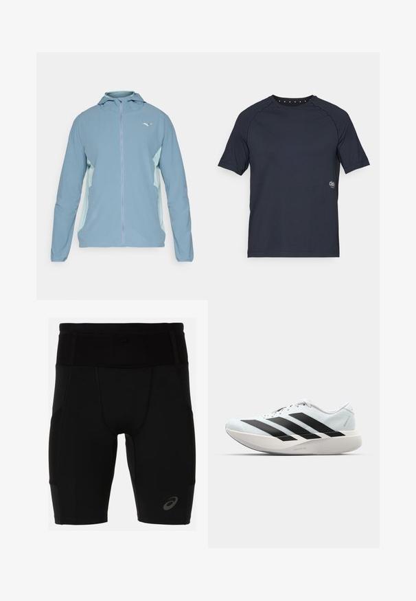 Giacca con zip di colore azzurro chiaro, dotata di cappuccio, con pannelli laterali azzurri, polsini elasticizzati e un logo sul petto. Texture del materiale liscia.; T-shirt corto blu scuro realizzato in tessuto leggero, con un colletto rotondo e piccoli dettagli a occhio sul retro, e logo sulla parte anteriore.; Pantaloni sportivi neri con un design aderente, realizzati in materiale liscio. Presentano una vita alta e un piccolo logo sulla parte bassa della gamba sinistra.; Scarpe da corsa leggere di colore azzurro pallido con strisce nere. Presentano una tomaia liscia, punta rotonda e un'ampia intersuola bianca etichettata "LIGHTSTRIKE PRO."