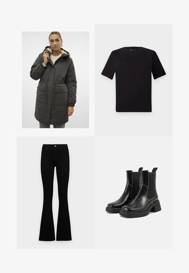 Dark green long parka with a hood, featuring a soft inner lining, elastic cuffs, and two front pockets. Drawstring waist for adjustable fit.; Black short-sleeve t-shirt with a round neckline, crafted from soft cotton fabric. Simple design, no visible logos or patterns.; Black high-waist jeans with a button and zip closure, front pockets, and flared legs laid flat on a white background.; Black leather Chelsea boots with a chunky heel, elastic side panels, and contrasting white stitching. Textured finish.