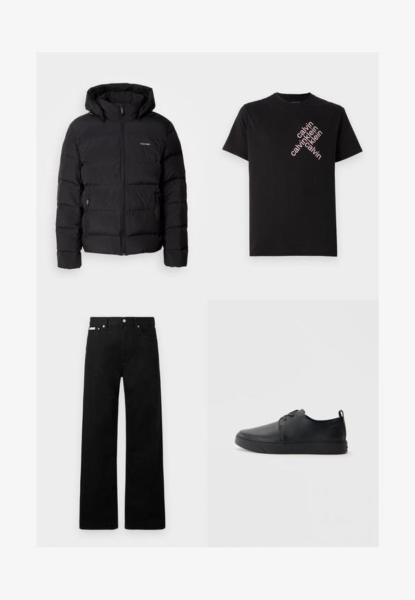 Casaco insuflável preto com fecho frontal e capuz ajustável. Apresenta painéis acolchoados, dois bolsos laterais e um pequeno logótipo no peito.; T-shirt preto em algodão com impressão diagonal do logotipo "calvin klein" em rosa na parte frontal. Mangas curtas e decote redondo.; Calças de ganga pretas com um design de pernas largas, apresentando cinco bolsos e fechos metálicos. Textura suave, sem padrões visíveis.; Sapatilha de couro preta com um acabamento liso, bico arredondado, costura ton sur ton, frente com atacadores e sola plana de borracha. Alça no calcanhar.