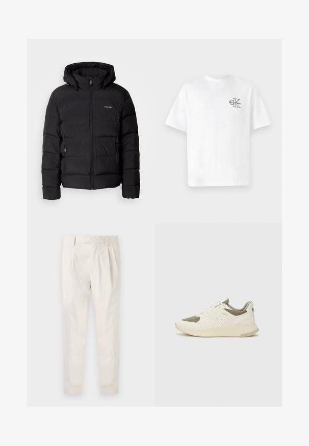 Black puffer jacket with a zip front and adjustable hood. Features quilted panels, two side pockets, and a small logo on the chest.; White cotton t-shirt with short sleeves, crew neck, featuring a black CK logo on the left chest area, standard fit, smooth texture.; White, pleated trousers with a tailored fit, featuring a smooth texture, belt loops, and tapered legs. No visible pockets or patterns.; White and light beige athletic sneaker, featuring a mesh upper, perforated detailing, and a textured midsole with branding on the heel.