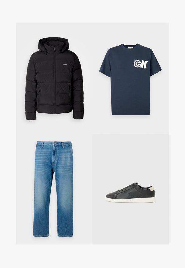 Μαύρο μπουφάν με φερμουάρ μπροστά και ρυθμιζόμενη κουκούλα. Διαθέτει ραμμένα πάνελ, δύο πλαϊνές τσέπες και ένα μικρό λογότυπο στο στήθος.; Μπλε σκούρο κοντομάνικο T-shirt με στρογγυλή λαιμόκοψη, λευκό λογότυπο CK και το κείμενο "Calvin Klein" στο αριστερό στήθος.; Ανοιχτό μπλε τζιν παντελόνι με ίσια γραμμή, πέντε τσέπες, κούμπωμα με κουμπί και ήπια ξεθώριασμα στο μπροστινό μέρος. Χωρίς ορατά σχέδια.; Μαύρο δερμάτινο αθλητικό παπούτσι με υφή, στρογγυλή μύτη, λευκή καουτσούκ σόλα και μπεζ λεπτομέρεια στη φτέρνα. Διαθέτει μαύρες κορδόνες και λεπτομέρεια λογότυπου.