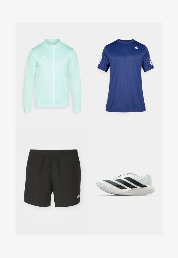 Hele roheline jälgimisjakk kõrge kraega ja täisfrontaalkiiluga. Omab soonikvarrukaid ja tikandiga valget logo vasakul rinnal.; Tume sinine lühikeste varrukatega spordisärk, mis on valmistatud siledast kangast, ümmarguse kaelaauguga ja valge logoga vasakul ülemisel rinnaosal.; Mustad mustus treeningpükstest elastse vöökoha, külgrihmade ja peegeldavate logo elementidega. Valmistatud kergest ja siledast kangast.; Kerged jooksujalatsid helesinises värvuses mustade triipudega. Omavad siledat pealispinda, ümarat varvase osa ja paksu valget vahemõõtu, millel on silt "LIGHTSTRIKE PRO".