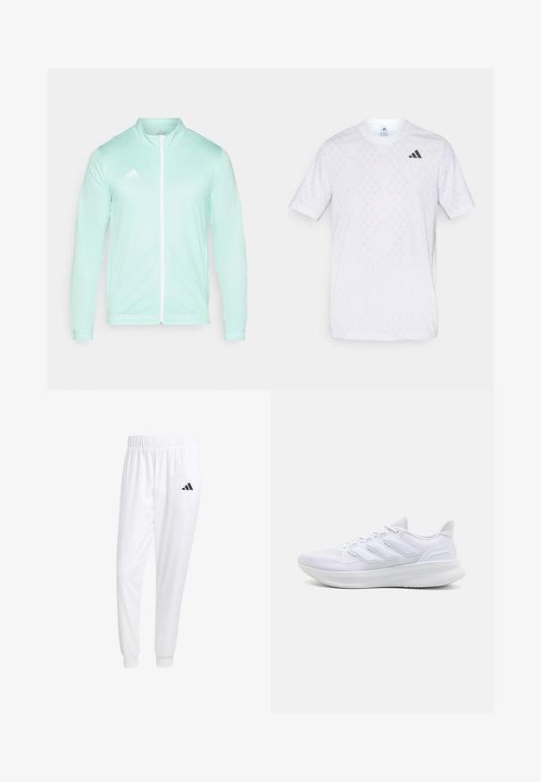 Helle mintgrüne Trainingsjacke mit hohem Kragen und vollem Frontreißverschluss. Verfügt über gerippte Bündchen und ein gesticktes weißes Logo auf der linken Brust.; Weißes T-Shirt mit kurzen Ärmeln, das ein dezentes Diamantmuster aufweist, aus leichtem Stoff gefertigt, mit einem schwarzen adidas-Logo auf der Brust.; Weiße Sporthose aus glattem Stoff, mit einem elastischen Bund und enganliegenden Bündchen, mit einem schwarzen Logo auf der Gesäßtasche.; Weiße Sportschuhe mit einem strukturierten Mesh-Obermaterial, einer stützenden gepolsterten Sohle und einem drei Streifen-Design an der Seite.