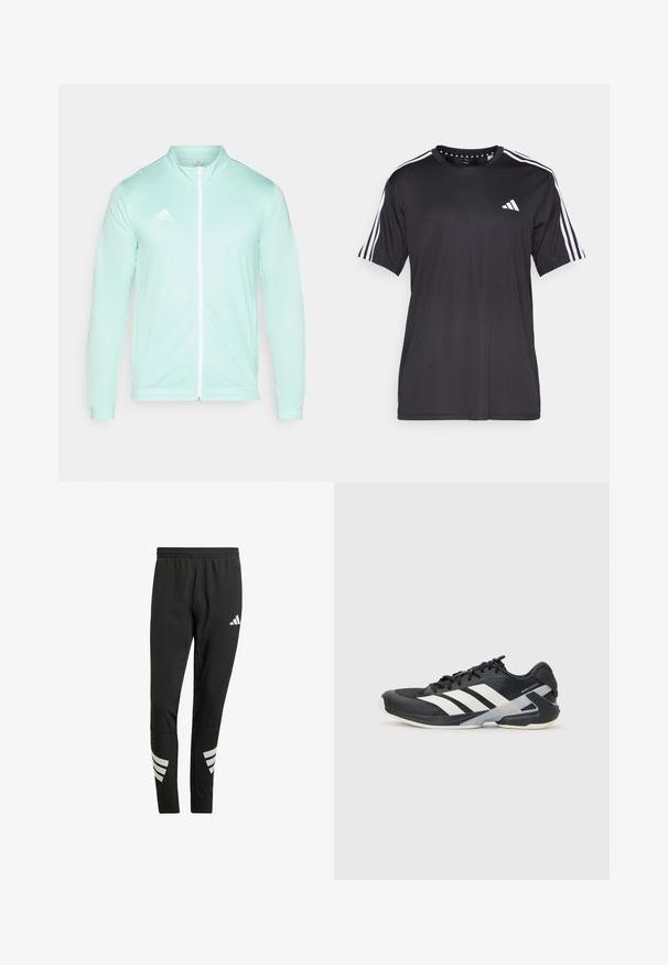 Casaco de pista verde menta claro com gola alta e fecho de correr na frente. Apresenta punhos canelados e um logótipo branco bordado no lado esquerdo do peito.; T-shirt preta de mangas curtas com um design de três riscas brancas nos ombros e logótipo no peito. Feita de um tecido respirável, de textura suave.; Calças atléticas pretas com um cós elástico, apresentando detalhes refletivos brancos em padrão riscado nas pernas inferiores. Feitas de um tecido suave.; Sapata atlética preta com riscas brancas, parte superior em malha, biqueira arredondada e sola acolchoada. Apresenta um calcanhar texturizado e um sistema de atacadores seguro.