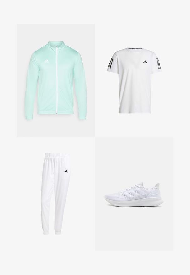 Lys mintgrøn træningsjakke med høj krave og hel lynlås. Har ribbede manchetter og et broderet hvidt logo på venstre bryst.; Hvid kortærmet T-shirt lavet af åndbart stof, med et sort trekantet logo og tre sorte striber på hver skulder.; Hvide sportsbukser lavet af glat stof, med elastisk talje og tætsiddende manchetter, og med et sort logo på baglommen.; Hvide sportssko med en tekstureret mesh-overdel, en støttende polstret sål og et tre-stripes design på siden.