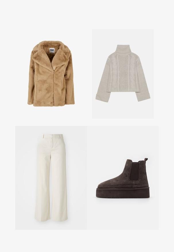 Kerge tan värvi vale karusnaha mantel laia kraega, pikkade varrukatega ja vabalt langeva lõikega. Omab pehmet tekstuuri ja puhtaid jooni. Silt "Urban Classics."; Lühendatud, heledast hallist kudumist valmistatud sviiter kõrge kraega ja ribidega mansettidega, millel on tekstuursed nööri mustrid seljal ja külgedel.; Laiad püksid helesbežis värvitoonis, valmistatud siledast kangast. Omavad klassikalist vööd ja siledat fronti puhaste joontega.; Pruunid suede Chelsea saapad elastsete külgpaneelidega ja paksu, tekstureeritud platvormitald. Omab kandmismugavuse jaoks kandaabi kandmisel.