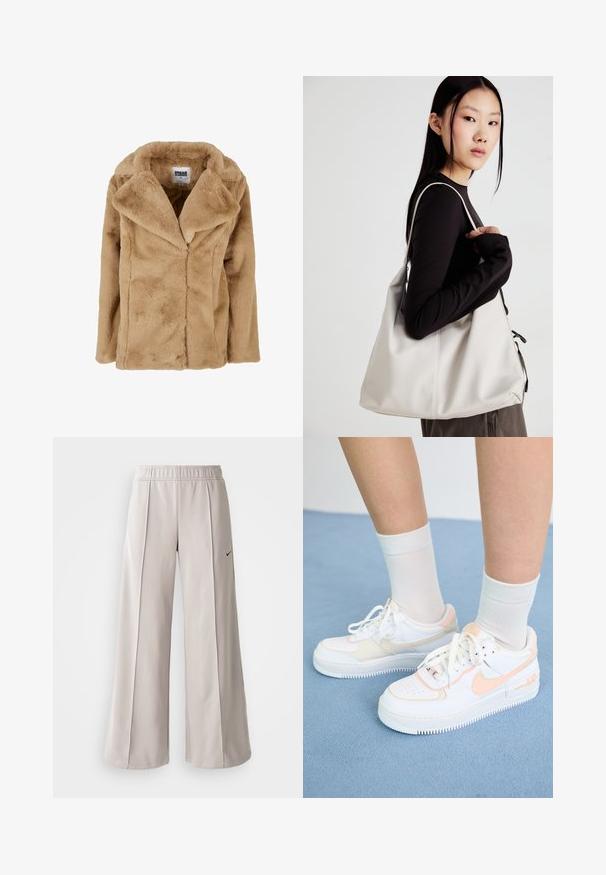 Nehéz bézs színű műszőrme kabát széles gallérral, hosszú ujjakkal és laza szabással. Puha tapintású, tiszta vonalakkal rendelkezik. "Urban Classics" névvel ellátva.; Fehér, hosszú ujjú pamut póló, kerek nyakkal és egy kis fekete Nike logóval a mellkasán. Egyszerű dizájn, laza fazon.; Világosszürke, bő szabású nadrág sima anyagból. Gumírozott derékrésszel és fekete Nike logóval a bal oldalon.; Fehér sportcipők barack színű díszítéssel, sima bőr felsőrész, perforált orr, texturált talp és fűzők. Fehér crew zoknikkal viselve egy kék felületen.; Puha anyagból készült bézs kézitáska, laza dizájnnal, varrott részletekkel és két vállpánttal. Mindennapi használatra alkalmas.