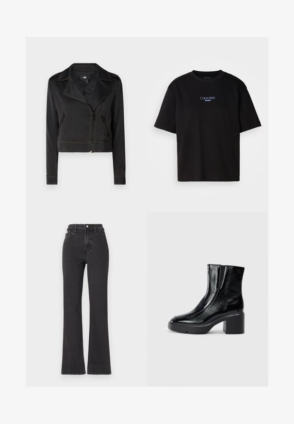Μαύρο κοντό μπουφάν με γιακά με γωνία, που διαθέτει δύο τσέπες με φερμουάρ και πορτοκαλί ραφές κατά μήκος των ραφών. Κατασκευασμένο από ένα λείο ύφασμα.; Μαύρο βαμβακερό t-shirt με στρογγυλή λαιμόκοψη, κοντά μανίκια και μπλε κεντημένο λογότυπο "Calvin Klein JEANS" στην μπροστινή πλευρά.; Μαύρα ψηλόμεσα τζιν με φαρδιά γραμμή, κατασκευασμένα από τζιν, διαθέτουν κλείσιμο με κουμπί, θηλιές ζώνης και πλαϊνές τσέπες. Λείος υφή με ελάχιστη φθορά.; Μαύρες πατενταρισμένες δερμάτινες μπότες στον αστράγαλο με καμπυλωτή μύτη, ελαστικές πλαϊνές πινακίδες και χοντρό μπλοκ τακούνι. Διαθέτουν ανάγλυφο λογότυπο στο πίσω μέρος.