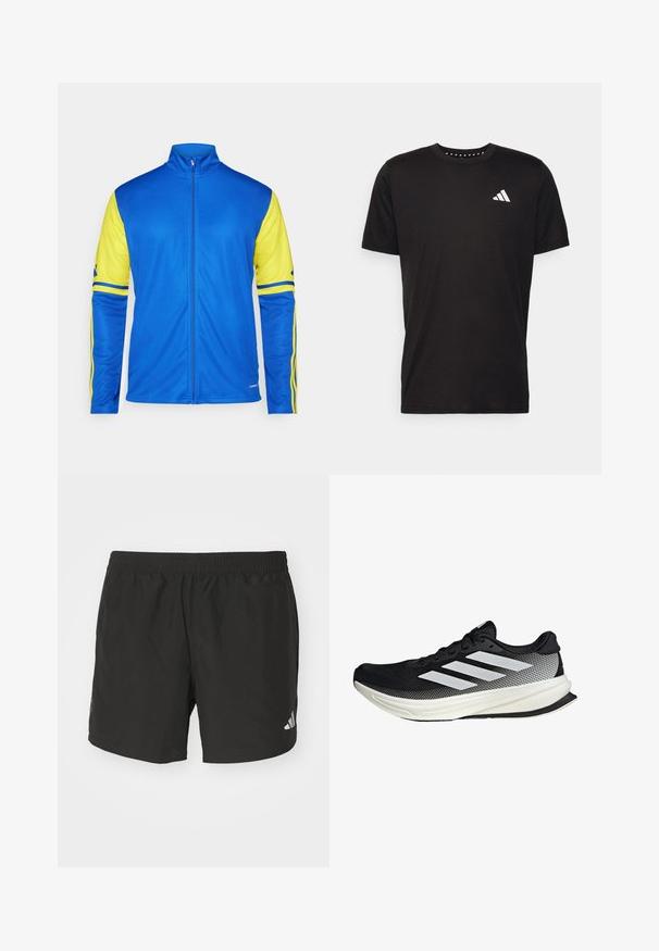 Trainingsjack in blauw met gele mouwen en strepen. Voorzien van een hoge kraag, volledige rits en een gladde textuur die geschikt is voor sportkleding.; Zwarte katoenen t-shirt met korte mouwen, ronde hals en een wit logo op de linkerkant van de borst. Gladde textuur en eenvoudig ontwerp.; Zwarte sportieve shorts met een elastische tailleband, zijsplits en reflecterende logo-accenten. Gemaakt van lichte, gladde stof.; Zwarte sportieve schoen met een mesh ontwerp, voorzien van witte strepen, een ronde neus en een gestructureerde zool voor grip en ondersteuning.