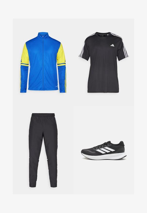 Casaco de pista azul com mangas e riscas amarelas. Apresenta um colarinho alto, fecho de correr completo e uma textura suave adequada para vestuário desportivo.; T-shirt preta de mangas curtas com um design de três riscas brancas nos ombros e logótipo no peito. Feita de um tecido respirável, de textura suave.; Calças atléticas pretas com um cós elástico, pernas ajustadas e acentos brancos nas laterais. Feitas de material sintético com uma textura suave.; Shoe de atletismo preto com parte superior em malha respirável, detalhes brancos e sola almofadada. Apresenta o logotipo das três riscas na lateral.
