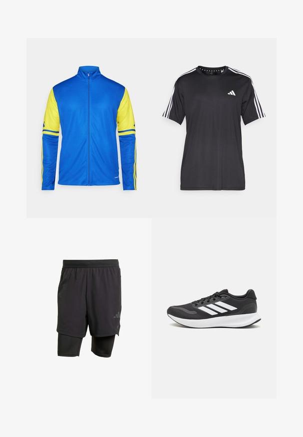 Sinine jälgimisjakker kollaste varrukate ja triipudega. Omab kõrget kaelust, täispikku tõmblukk ja sileda tekstuuri, mis sobib aktiivseks kandmiseks.; Mustaline lühikeste varrukatega t-särk musta värviga, millel on valge kolme triibu disain õlgadel ja logo rinnal. Valmistatud hingavast kangast, sile tekstuur.; Mustavad sportlikud lühikesed püksid integreeritud sisekihiga, valmistatud hingavast kangast. Omab diskreetset logo ja struktureeritud tekstuuri. Reguleeritav vöökoht.; Mustmust valmistatud õhulise võrgu ülemise osa, valgete aktsentidega ja pehme tallaga must sportlik king. Küljel on kolm triipu kujutav logo.