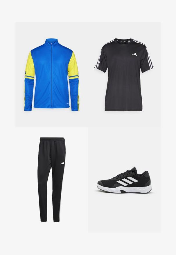 Track jacket in blue with yellow sleeves and stripes. Features a high collar, full zipper, and smooth texture suitable for active wear.; Black short-sleeve t-shirt with white three-stripe design on shoulders and logo on the chest. Made from breathable fabric, smooth texture.; Black athletic pants with a stretchy waistband, white side stripes, and a small white logo on the thigh. Made from a smooth, lightweight material.; Black athletic shoes with a textured mesh upper, white accent stripes, a cushioned sole, and a reinforced heel for support.