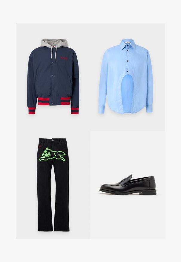 Mørkeblå jakke med grå hætte, rød broderi og røde stribede detaljer på manchetter og nederkant. Fremstillet af letvægts, struktureret stof.; Lysblå langærmet skjorte med spids krave, sorte knapper og et unikt udskæring foran for et særpræget design.; Sorte jeans med lige pasform, prydet med en stor grøn grafik af en løbende tegneseriekat på bagsiden. Sølvfarvede hardware-detaljer.; Sorte læderloafers med en glat overflade, rund tå og en dekorativ strop over vampen. Lav hæl med stabeldesign, minimalistisk stil.