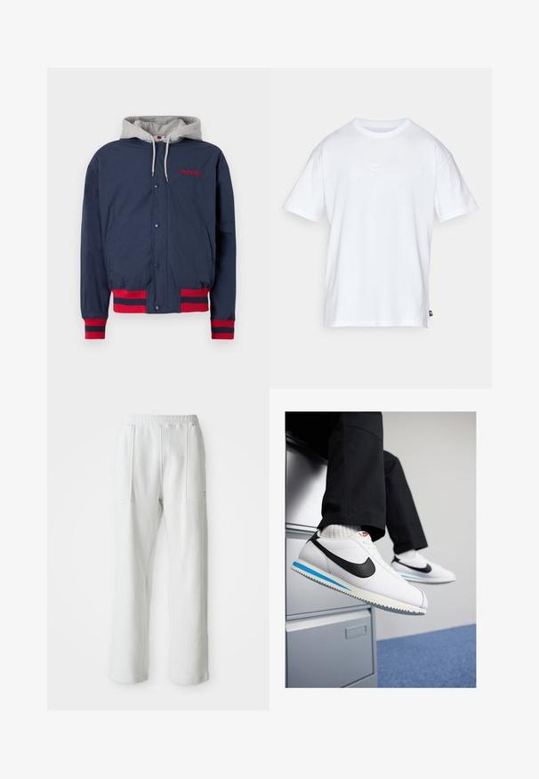Mornarsko plava jakna s sivom kapuljačom, crvenim izvezenim detaljima i crvenim prugastim akcentima na manžetama i rubu. Izrađena od lagane, strukturirane tkanine.; Bijela pamučna majica s kratkim rukavima i okruglim izrezom. Ima mali, diskretni Nike logo na prsima i oznaku sa strane.; Bijele casual hlače s elastičnim pojasom i velikim prednjim zakrpama, prikazane na jednostavnoj svijetloj pozadini.; Bijele kožne tenisice s crnim Nike logotipom, svijetloplavi i sivi gumeni potplat te klasičan dizajn vezanja. Noge su naslonjene na ormar.