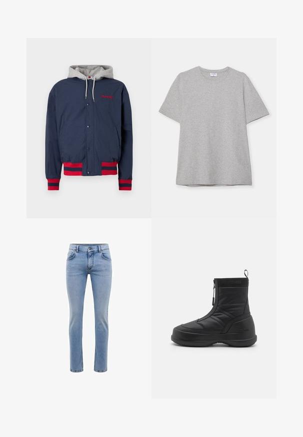 Marineblaue Jacke mit grauem Kapuze, roten Stickereien und roten gestreiften Akzenten an den Bündchen und dem Saum. Hergestellt aus leichtem, strukturiertem Stoff.; Graues T-Shirt mit kurzen Ärmeln aus weichem, strukturiertem Stoff. Verfügt über einen klassischen Rundhalsausschnitt und einen geraden Saum, geeignet für legere Trageanlässe.; Hellblaue, slim-fit Jeans aus Denim mit fünf Taschen und geradem Bein. Mit Reißverschluss und Gürtelschlaufen ausgestattet. Weicher Stoff.; Schwarzer wasserdichter Schneestiefel mit einem glatten synthetischen Obermaterial, Reißverschluss, gepolstertem Kragen und strukturiertem Gummisohle. Mit "MOON BOOT" Branding akzentuiert.