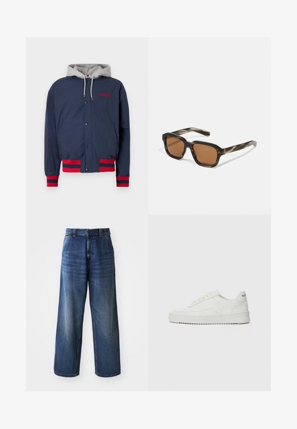 Mornarsko moder plašč z sivim kapuco, rdečim vezenjem in rdečimi črtastimi poudarki na manšetah in robu. Narejen iz lahkega, teksturiranega materiala.; Icecream JUMBO RUNNING DOG - Potiskana majica - black; Visoko pasovane modre kavbojke z širokimi hlačnicami, ki se ponašajo z nežnim zbledelostjo, sprednjima žepoma in gumbom za zapiranje na pasu.; Bela usnjena športna obutev z gladko površino, okroglo prst, ravne vezalke in teksturiran podplat. Ima diskretno logo na peti.; Plastična sončna očala s vzorcem želvje lupine, oktagonalnimi rjavimi lečami in tankimi zlatimi detajli na okvirju.