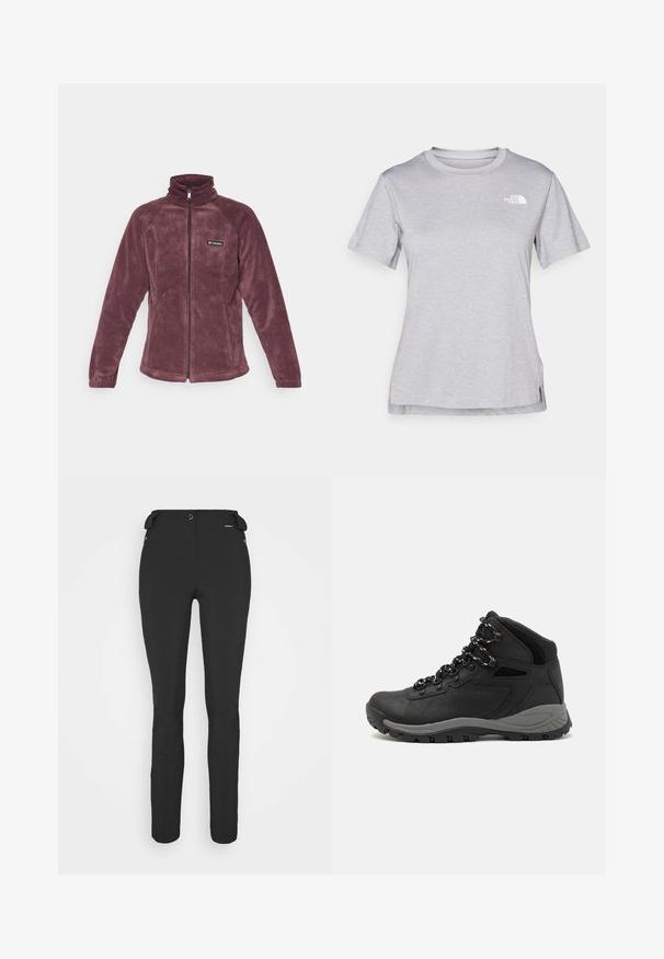 Columbia BENTON SPRINGS™ FULL ZIP - Casaco polar - moonvista; T-shirt cinza de mangas curtas feito de um tecido suave e que absorve a humidade. Apresenta um decote redondo e um pequeno logotipo branco na parte superior esquerda.; Calças pretas, ajustadas, feitas de um material flexível. As características incluem um bolso lateral com fecho éclair, joelhos articulados e uma textura suave.; Bota de caminhada preta com design de cano médio, apresentando um upper texturizado, detalhes cinzentos e sola de borracha durável com cravos de tração.